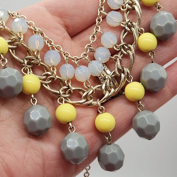 Y2K Statement Bib Layered Necklace Gray Yellow Opalescent Bead Maximalist Retro - Picture 2 of 8